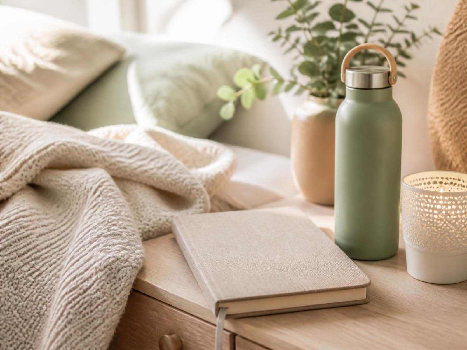 Table de chevet claire avec carnet en textile, gourde vert sauge, bougie et plaid crème