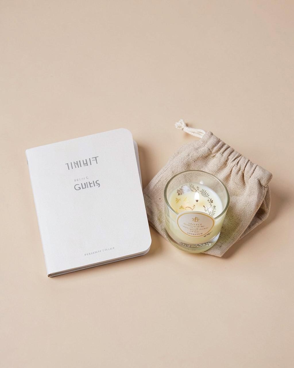 Coffret routine du soir avec carnet, bougie et pochette en textile sur fond beige